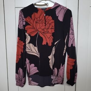 Soft Surroundings Black Blouse with Red & Lavender Floral Print